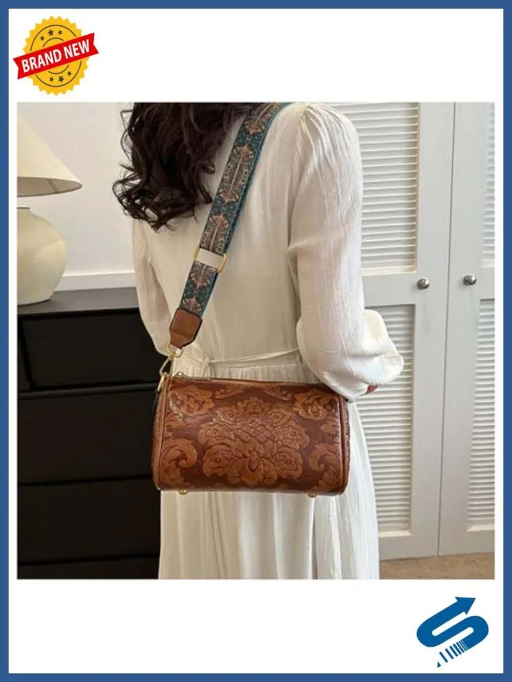 Vintage Floral Embossed Crossbody Purse with 2 Interchangeable Straps, PU